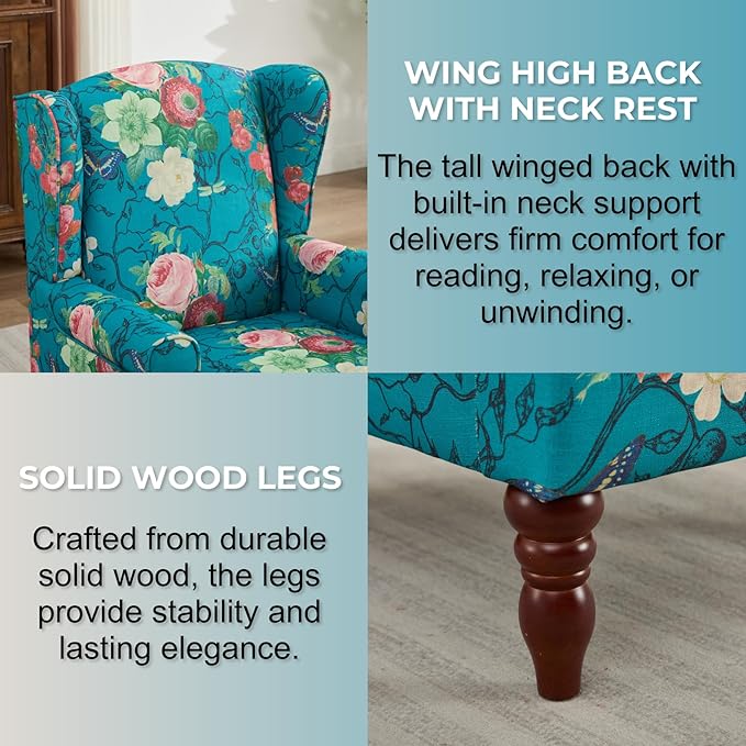 Wing Back Accent Chair Patterned Mid-Century Upholstered Linen Fabric Armchair Single Sofa with Wood Legs for Living Room Patio Cyan.