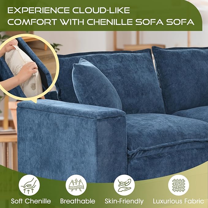 97 L Shaped Couch Corner Sofa 5 Seater Oversized Cloud Couch with 2 Pillows Chenille Modular Sectional Sofa Armrests with Two Hidden Storage Space Sectional Couches for Living Room Dark Blue