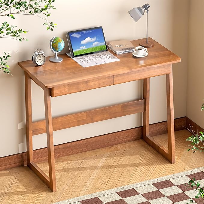 100% Solid Wood Writing Desk - Mid Century Modern Desk Home Office Desks with Drawers Walnut Vintage Desks Laptop Computer Work Study Table for Bedroom Living Room &amp Office