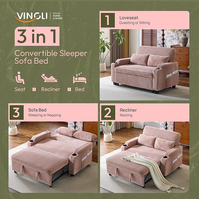 VINGLI Pink Futon Sofa Bed Convertible Loveseat Sleeper Sofa Couch Corduroy Pullout Sofa Fold Out Couch Bed with USB Ports Cup Holders Armrest for Living Room Bedroom Apartment Room | Loveseat Sle