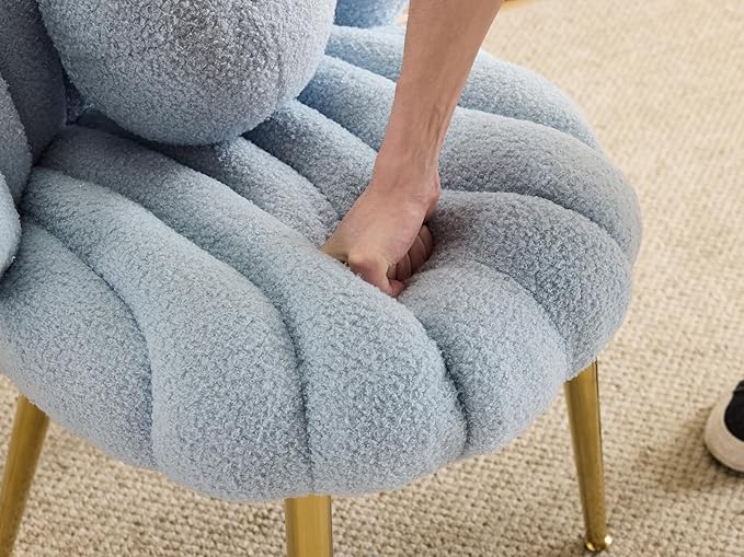 VINGLI Shell-Shaped Teddy Fleece Accent Vanity Chair with BackComfy Blue and Gold Desk Chair No WheelsCute Small Pearl Deco PillowGift for Girls/Womenfor MakeupOfficeDiningNailSewingBedroom