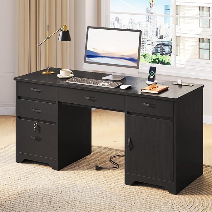 Bestier 59” Office Desk with Lockable Drawers Modern Computer Desk with File Drawer Charging Station &amp Drop-Front Keyboard Drawer Executive Desk with Storage Cabinet for Home Office &amp Studi