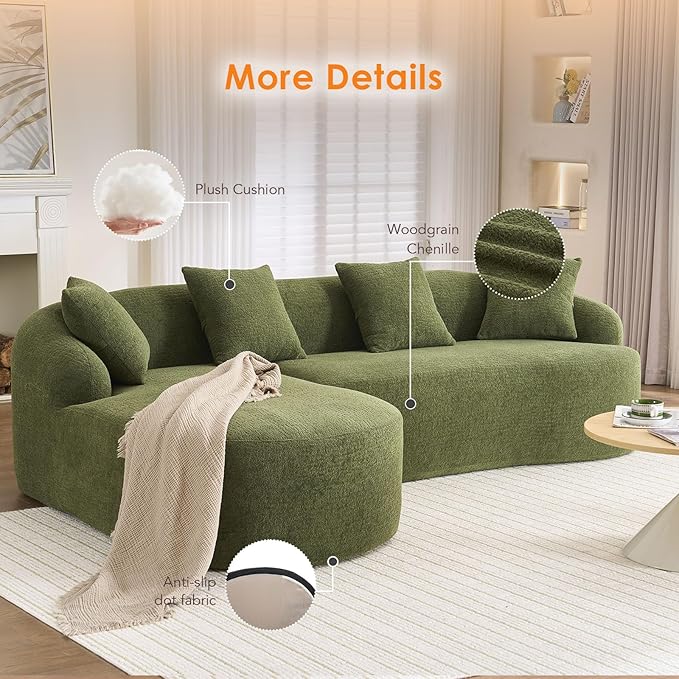 Curved Sectional Sofa Couch Oversized L Shape Deep Seat Cloud Couch Modern Chenille 4-Seater Sofa with Chaise No Assembly Required Couches for Living Room Apartment Office Green