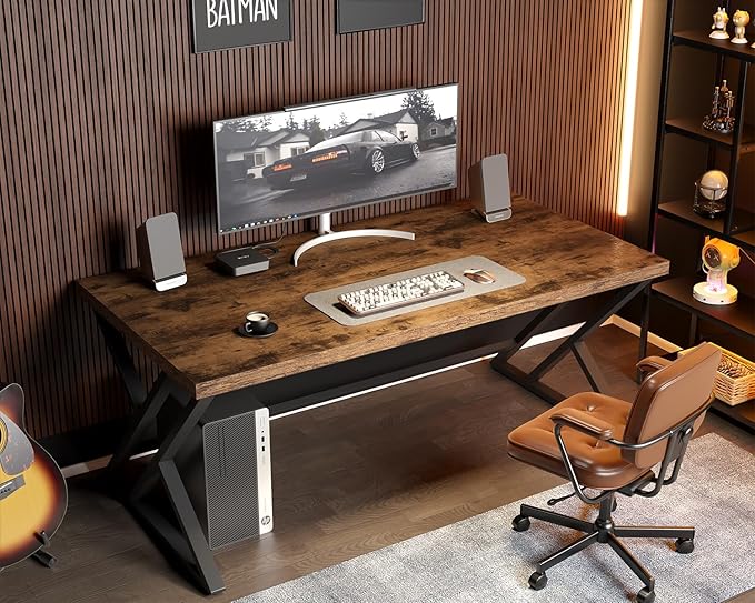 LVB Rustic Computer Desk Metal Wood Home Office Desk Industrial Simple Study Executive Desk for Writing Work Wooden Student Gaming Computer PC Table with Storage for Bedroom 55 Inch Rustic Brown