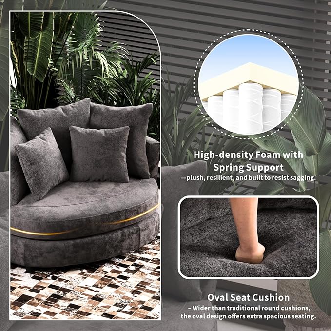 54.9''W Oversized Accent Barrel Chair Chenille Upholstered Comfy Couch Sofa with 5 Pillows for Living Room Apartment Bedroom (Grey).