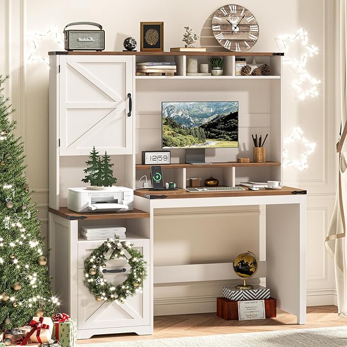 Vabches 51 Executive Desk Farmhouse Home Office Desk with Charging Station File Drawer Storage Cabinet Monitor Stand Wood Computer Desk with Hutch for Work Study Writing (White)