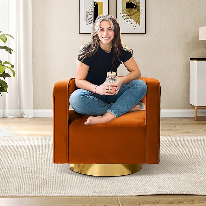 TINA'S HOME Swivel Accent Barrel Chair Modern Velvet Armchair with 3D Curved Open Back &amp Swivel Gold Metal Base Upholstered Club Chair for Living Room Bedroom Nursery Orange(No Assembly Require