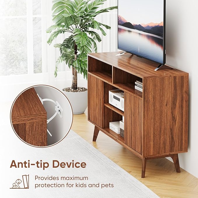 Concho Fluted TV Stand for 60 Inch TV Modern Entertainment Center with Storage and Shelves Wood TV Console with Solid Wood Legs Tall Media Console TV Cabinet for Living Room and Bedroom Walnut