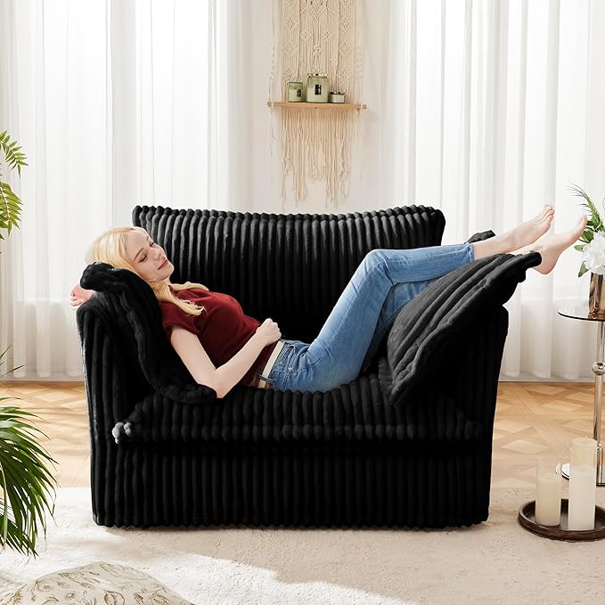 Modular Accent Armchair with Ottoman and Pillows Soft Corduroy Lounge Chair for Living Room Bedroom or Reading Nook – Oversized Chaise Lounge Design (Black Single Chair)