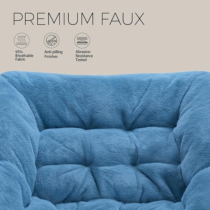Walsham Folding Comfy Chair Faux Fur Soft Cozy Lounge Reading Papasan Chair for Adults Kids Bedroom Living Room Dorms Small Space Blue