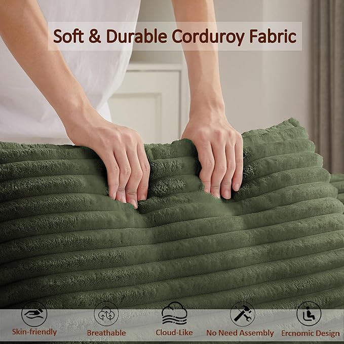 50 Inch Oversized Chaise Lounge Chair Indoor Corduroy Upholstered Sleeper Sofa Bed with Spring Cushion No Assembly Lazy Boneless Chaise Lounge for Bedroom Office Green
