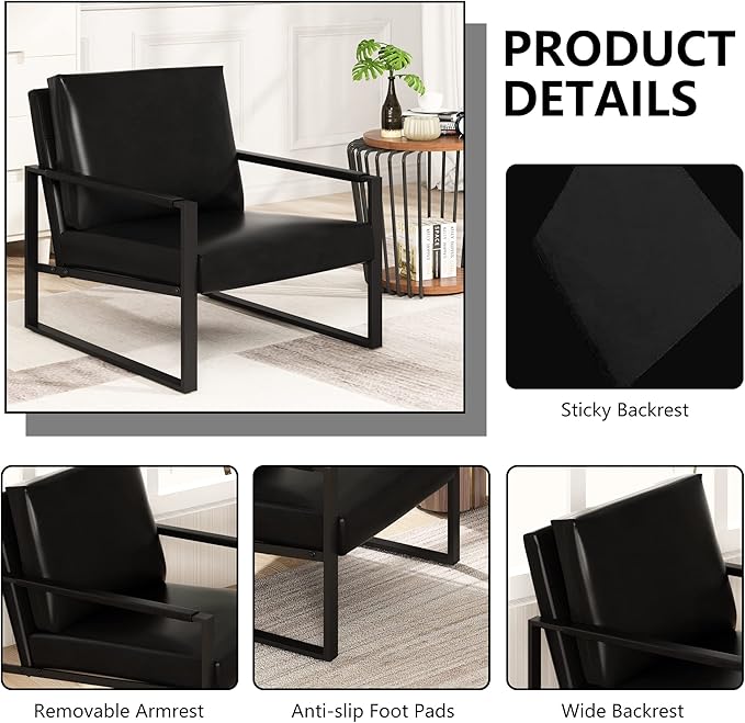 AWQM Leather Accent Chair Set of 2 Sofa Chair with Extra-Thick Padded Backrest and Seat Cushion Single Sofa for Living Room Bedroom Black Metal Frame 105 Degree Slant Back Black (ETSF-01BK-02)