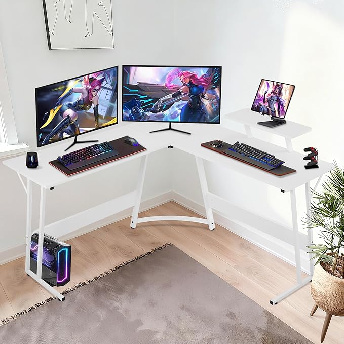 Bigacc L Shaped Gaming Desk 50 Corner Desk Spacious Dual Tops P2 Particleboard Metal Z-Legs Adjustable Non-Slip Pads Scratch/Waterproof Multi-Use Home Office/Game Room/Dorm