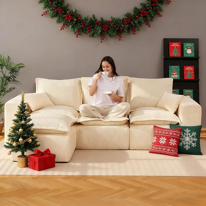 107 Comfy Cloud Couch with L-Shape Chaise &amp Deep Seat Modular Sectional Sofa in a Box Boneless Upholstered Couches for Living Room No Assembly Required (Soft Corduroy Beige)