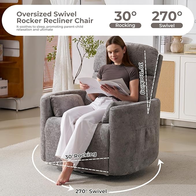 Oversized Swivel Rocker Recliner Chair with Massage and Heat Manual Swivel Glider Rocker Recliner with 2 Bolster Pillows Rocking Nursery Chair with Storage Ottoman  Adjustable Headrest Dark Grey