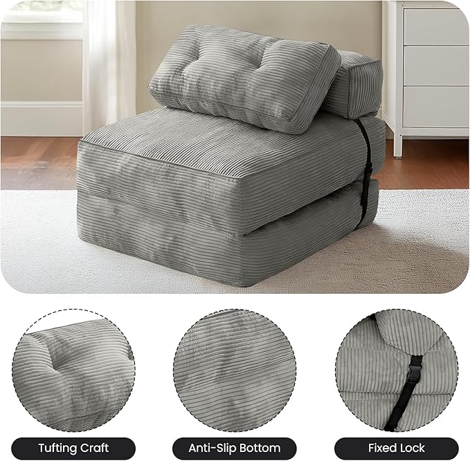 tantohom Folding Sofa Bed Convertible Sleeper Chair with Pillow Foldable Mattress with Back SupportSpace-Saving Sofa for Living RoomBedroom (Gray)