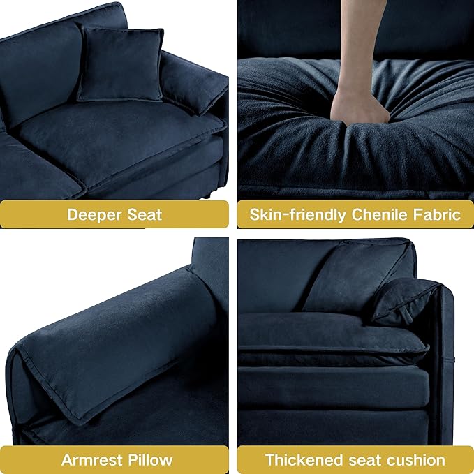 Oversized Chenille Loveseat Sofa 76” Comfy 2 Seater Couch with Deep Seat Modular Love Seat Couch for Living Room Bedroom Apartment Easy Assembly Small Cloud Couch Blue