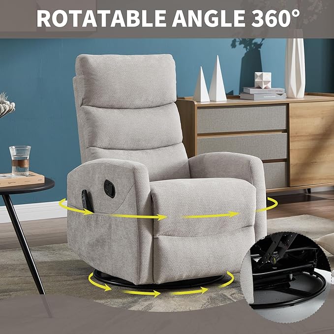 Swivel Recliner with Heat and Massage Rocker Recliner Chair for Living RoomGlider Recliner Nursery Chair with Black Metal Base/Adjustable Backrest and Footrest (Fabric Grey1)