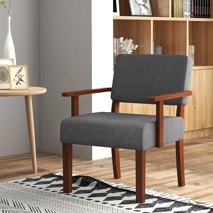 Giantex Mid Century Modern Accent Chair - Linen Living Room Arm Chair w/Soft Padded Seat &amp Backrest Rubber Wood Frame Upholstered Reading Chair for Living Room Bedroom Reception Grey