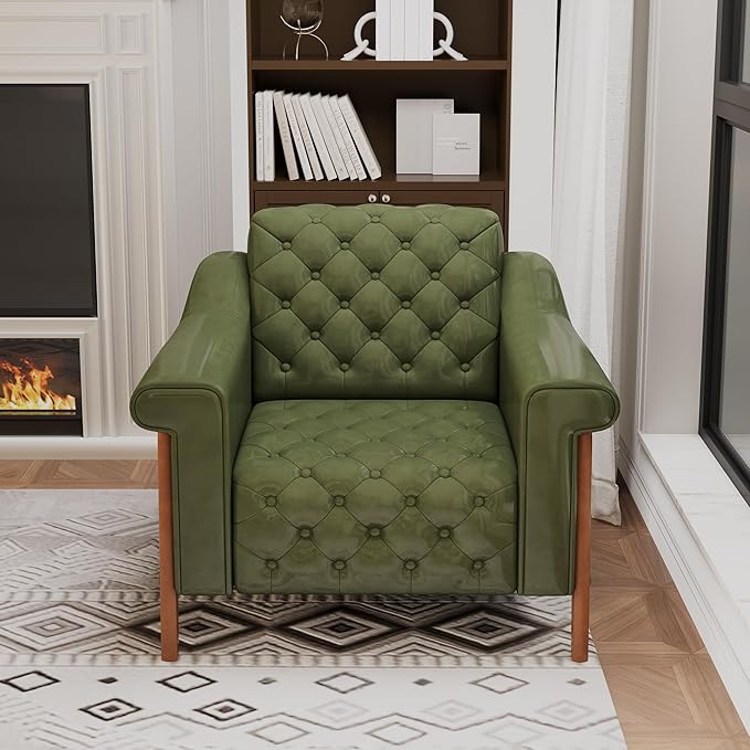 EJUNQ Cozy Accent ChairPU Leather Modern Living Room ChairsMid-Century Office Reading ChairSingle SofaArmchair for Bedroom Apartment Waiting Room(Green)