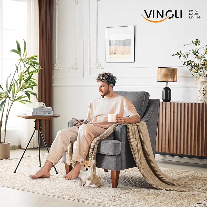 VINGLI Mid-Century Accent Chairs Light Grey Upholstered Armchair Comfy Sofa Chair Reading Chair High Back Living Room Bedroom Furniture for Apartment