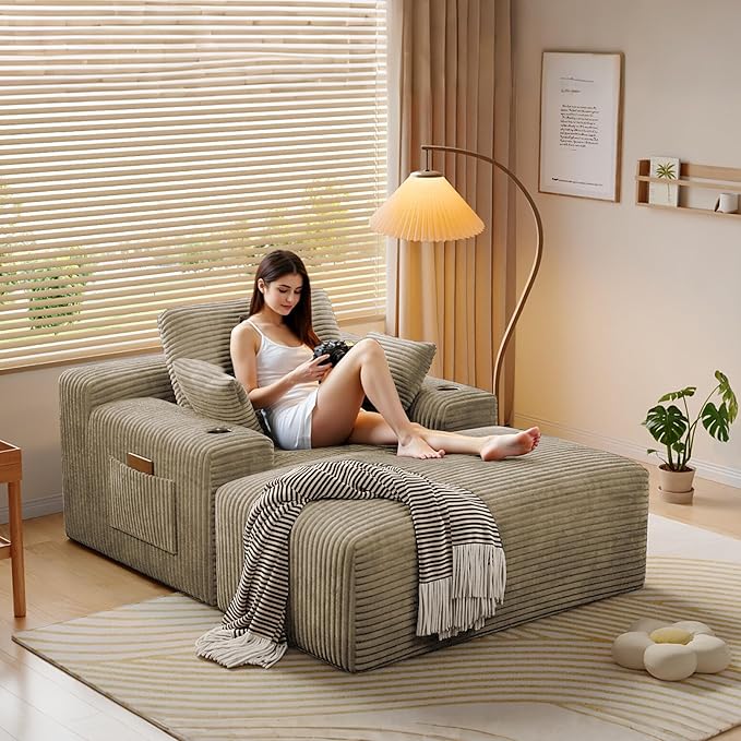 MoonSpeak 67 Boneless Reading Chair with Lounges Chaise Indoor Corduroy Cloud Couch with 1 Ottoman Upholstered Sleeper Sofa Bed with Wide Armrest and 3 Pillows for Living RoomReading Room (Khaki)