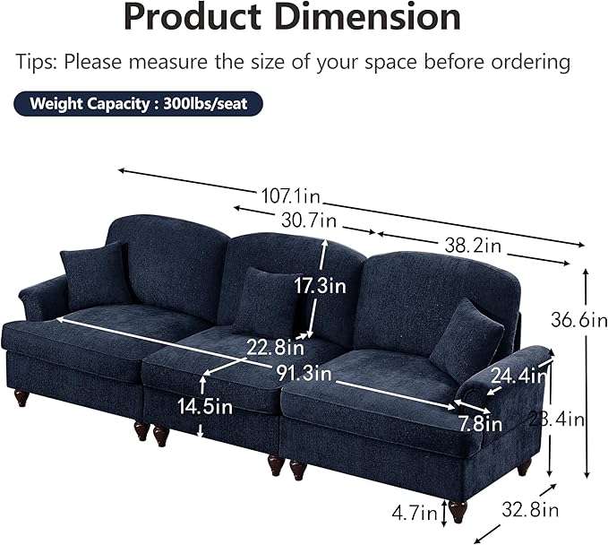 2 Piece Modular Sectional Couch Living Room Sofa Set 3 Seater+2 Seater Loveseat Sofa Sets for ApartmentRemovable Ruffles Pleats SkirtsBlue