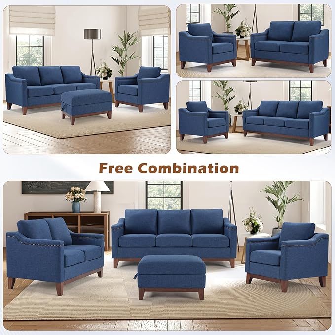 Modern 3 Piece Sofa Set with Rivets Included Chenille Loveseat 2-Seater Sofa and Upholstered 3-Seater Couches Set of 2 with Solid Wood Legs Living Room Furniture SetBlue