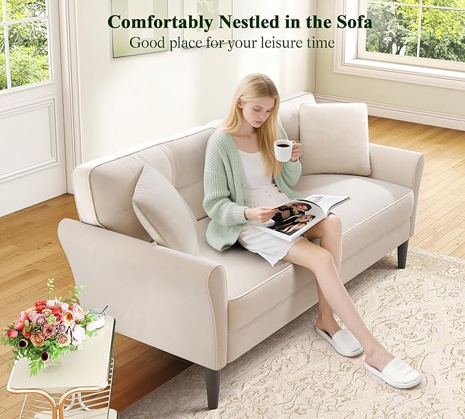 Loveseat Sofa 69 Love Seat Couches Comfy Velvet Small Sofa Couch for Bedroom with 2 Pillows Tool-Free Setup Sofas &amp Couches 700lb Load Sofas for Living Room Mini Couch for Bedroom White Cou