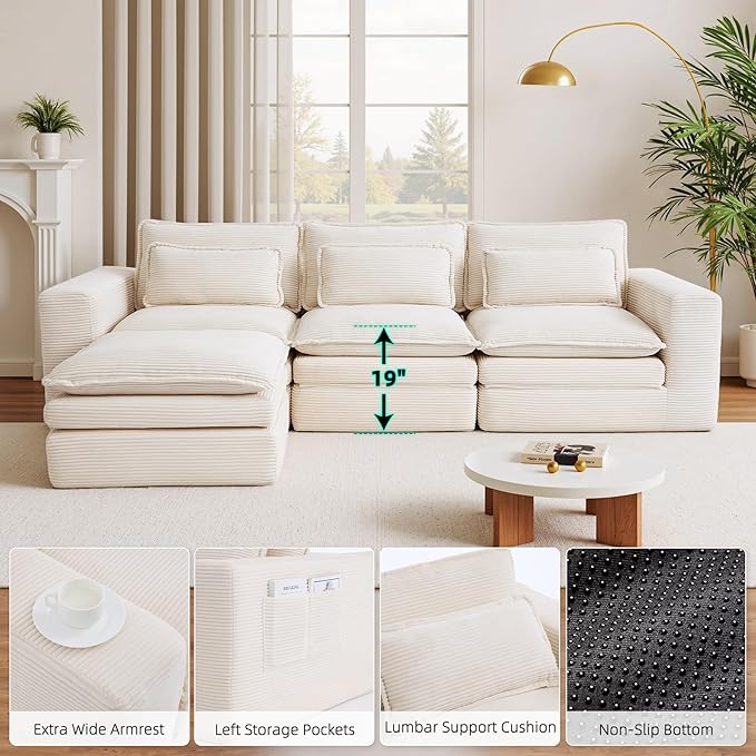 109 Sectional Couches Boneless Modular Sofa for Living Room with Ottoman | No Assembly Required Sofa Bed L shaped Couch | Corduroy Deep Seat Couch with Double Layer Cushion &amp Removable Cover | Be