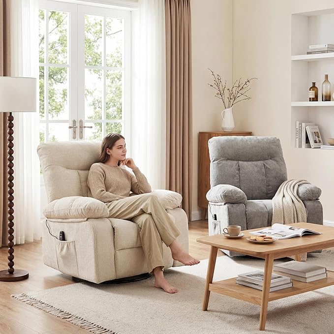 DUMOS Rocker Recliner Chair Swivel Recliner with Vibration Massage &amp Lumbar Heating 270° Rotating Chenille Fabric Recliner with footrest for Living Room &amp Bedroom Beige