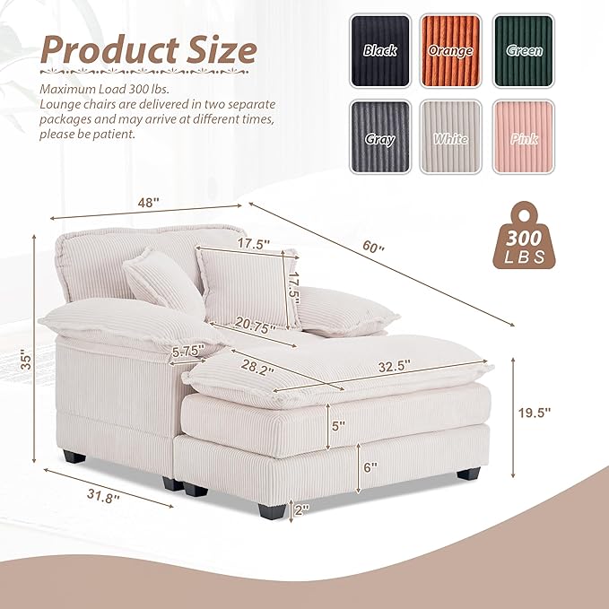 TTK Oversized Chaise Lounge Chair with Ottoman - 39.17 Wide Modern Sleeper Sofa for Living Room Bedroom &amp Office - Deep Seat Sectional Couch with Pillow Comfortable Reading ChairWhite