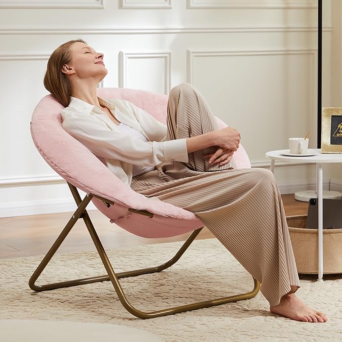 DUMOS Comfy Saucer ChairFaux Fur Lounge Seasting XL Circle Chair for Bedroom Dorm &amp Gaming Foldable Fashion Accent Seat for Small Spaces Folding Moon/Mushroom/Round Oversized StyleHot Pink