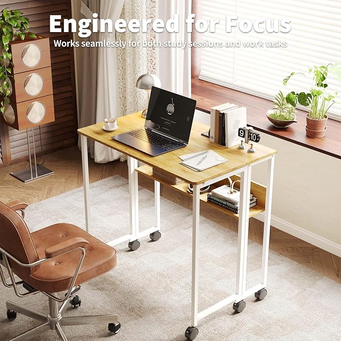 24.8 Folding Rolling Desk with Storage Shelf Small Foldable Computer Table on Wheels for Home Office &amp Small Spaces Portable Workstation with Brakes Oak