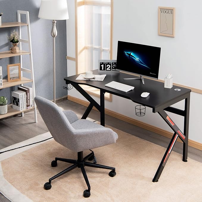 Tangkula 48 Inch Gaming Desk K-Shaped Racing Style PC Computer Desk with Cup Holder &amp Headphone Hook Gamer Workstation with 2 Cable Management Holes Ergonomic Home Office Desk for Gaming (Black