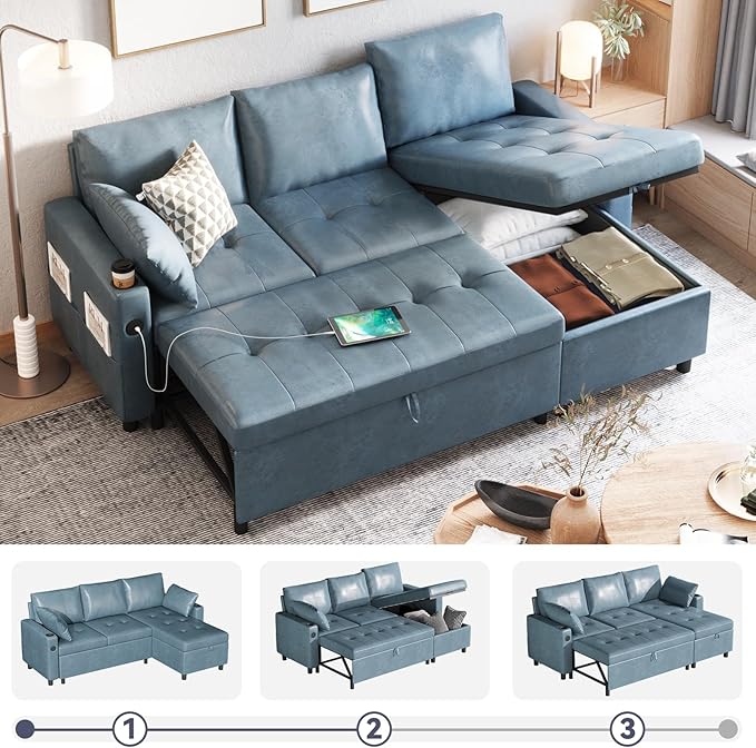 Esright Leather Sleeper Sofa Pull Out Couch with Reversible Chaise Suede Leather Sleeper Sofa with Storage USB Cup Holder Pullout Sectional Couches for Living Room Apartment Blue | Sofa with Sto