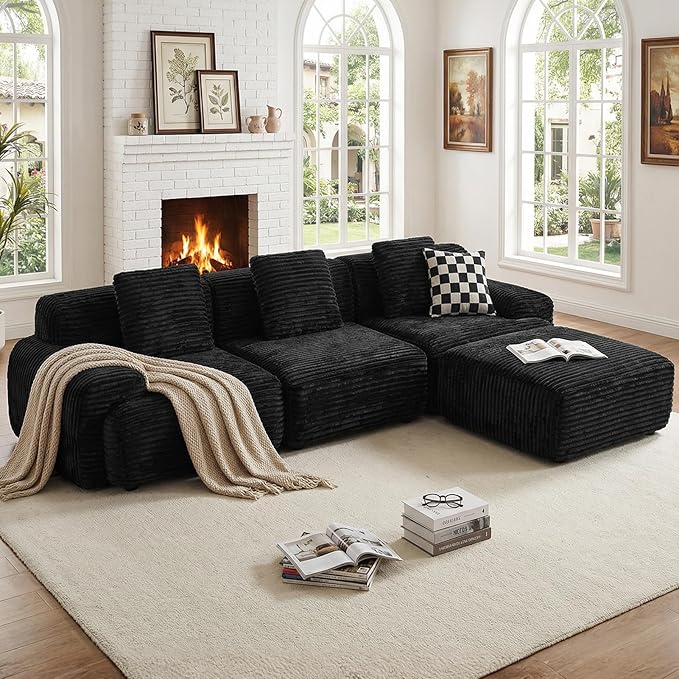 VK·LIVING 113 Cloud Sectional Couch Deep Seat Boneless Sofa with Wide Armrests 16.5'' Height Modular Plush Corduroy Memory Foam Couch for Living Room Office No Assembly Black