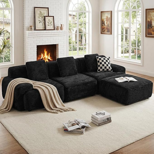 VK·LIVING 113 Cloud Sectional Couch Deep Seat Boneless Sofa with Wide Armrests 16.5'' Height Modular Plush Corduroy Memory Foam Couch for Living Room Office No Assembly Black