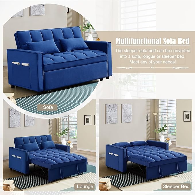 3 in 1 Convertible Sleeper Sofa Couch with Pull Out Bed55 Velvet Upholstered Futon Sofa BedModern Loveseat Sleeper Chaise with Adjustable Backrest for Living Room Guest Room Apartment(Blue)