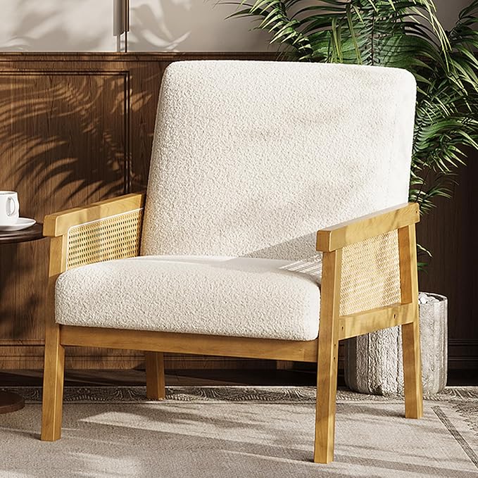 GAOMON Mid Century Boucle Fabric Accent Chair Rattan Armchair with Wooden Armrest and Legs Modern Lounge Chair for Living Room/Bedroom/Reading Room/Waiting Room Ivory