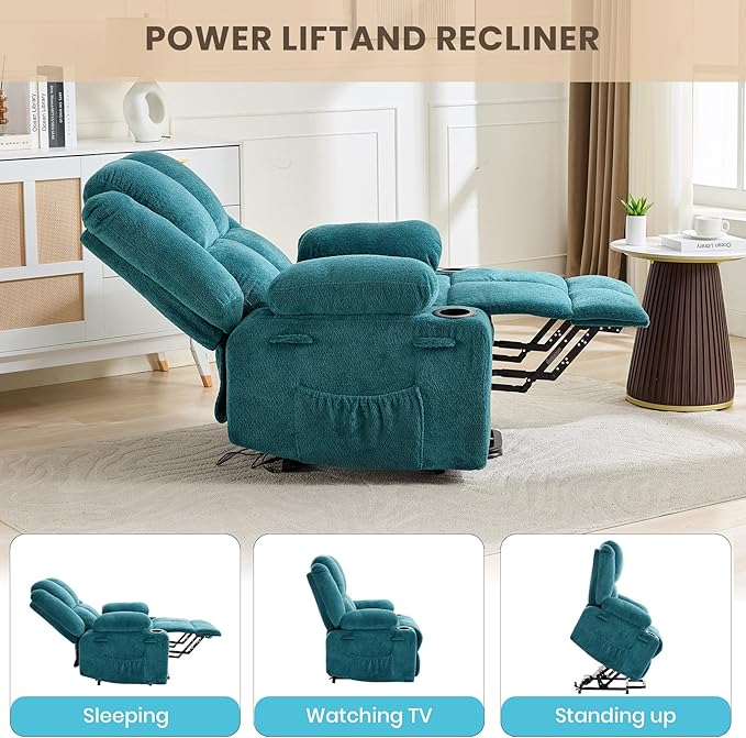 Oversized Power Lift Recliner Chair for Elderly 135° Lay Flat Electric Recliner with Massage &amp Heat Stand Assist Lift Chair with 2 Cup Holders for Living RoomBlue