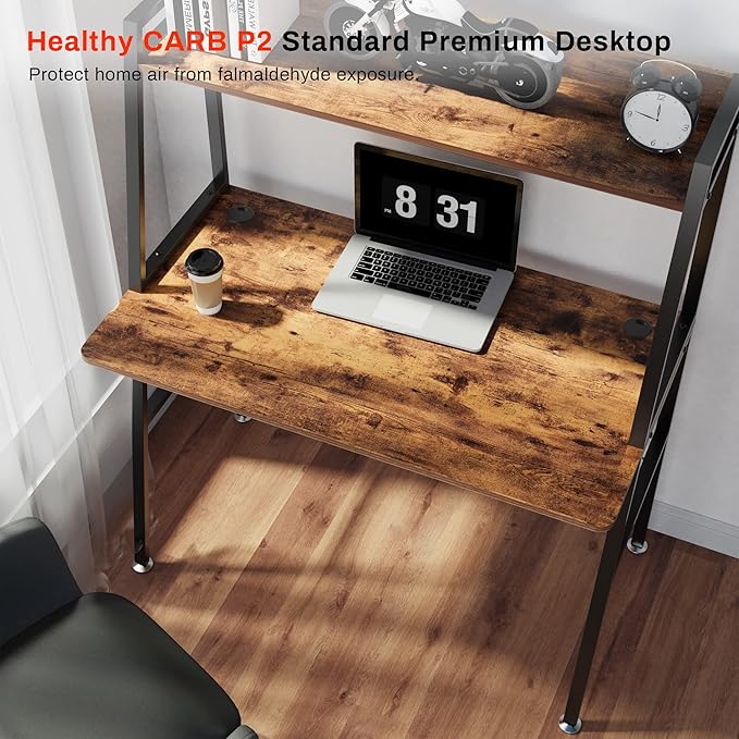 DESIGNA Small Computer Ladder Desk with Storage Shelves 43 Inch 2-Tier Home Office Students Study Writing PC Gaming Table with Bookshelf Modern Workstation for Space Saving Metal Frame Rustic Brown