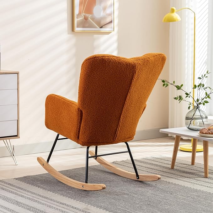 Setawix Teddy Fabric Rocking Accent ChairMid Century Modern Rocking Glider ArmchairLeisure Tufted Rocker Arm Chair for NurseryBedroomLiving Room (Teddy Caramel 27.6)
