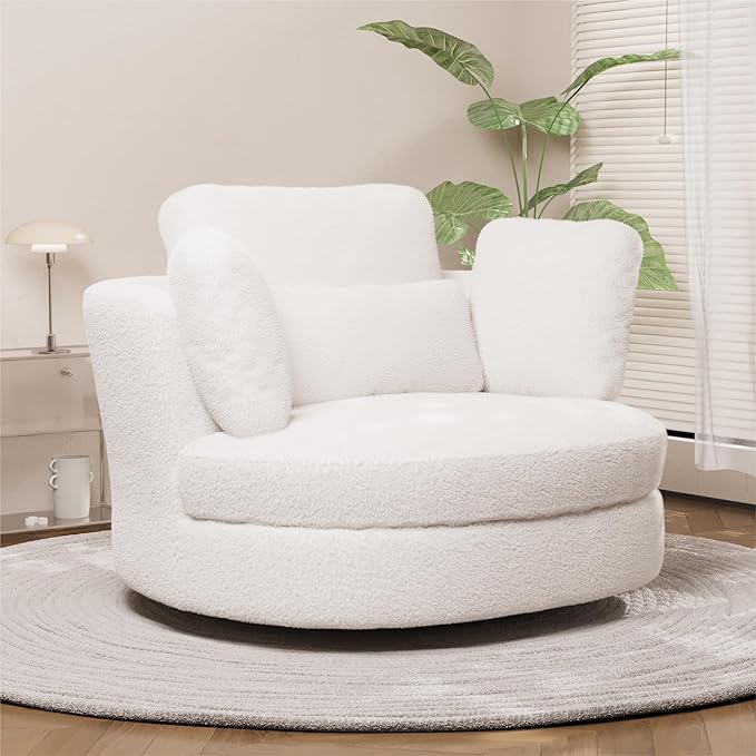 Chifee &amp Vingol 50.2 Oversized Swivel Accent Chair Upholstered Round Barrel Chair with Pillows Swivel Chairs for Living Room BedroomSherpaIvory