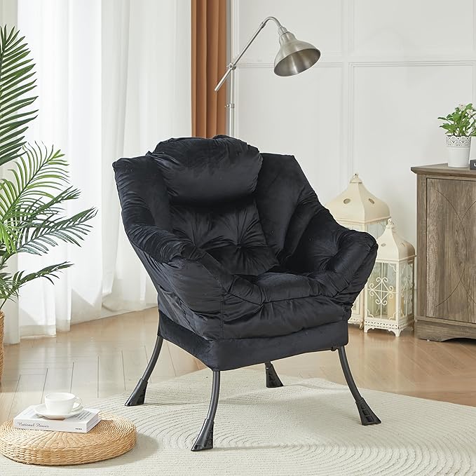 HollyHOME Lazy Chair with Armrest and Side Pocket Comfy Accent Lounge ChairLeisure Sofa Armchair for Living Room Bedroom Dorm or Small Spaces Oversized Reading Sofa ChairVelvet Black