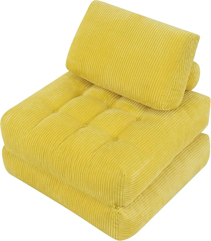 Yellow Folding Sofa Bed - Convertible Sleeper Chair with Pillow &amp Back Support Comfy Foldable Mattress Portable Futon Fold Out Chair Bed for Living Room/Bedroom/Apartment