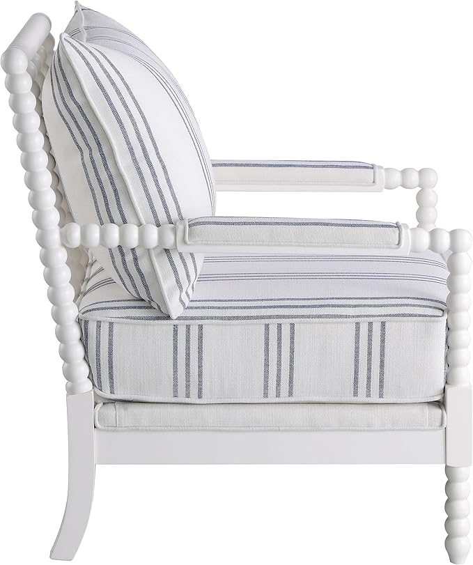 BOWERY HILL Fabric Upholstered Accent Chair 38 H x 29.5 W x 34 D Linen-Like White with Navy Stripes Spindle Frame Rubberwood Construction Padded Armrests Stationary Design for Living Room or
