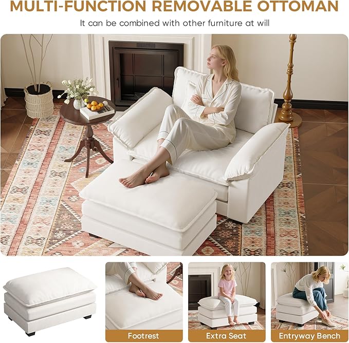HUSFU Oversized Accent Chair with Ottoman Cloud Couch Chair with Deep Seat and Extra Wide Armrests Comfy Reading Armchair for Bedroom Living Room Set of 2 Beige