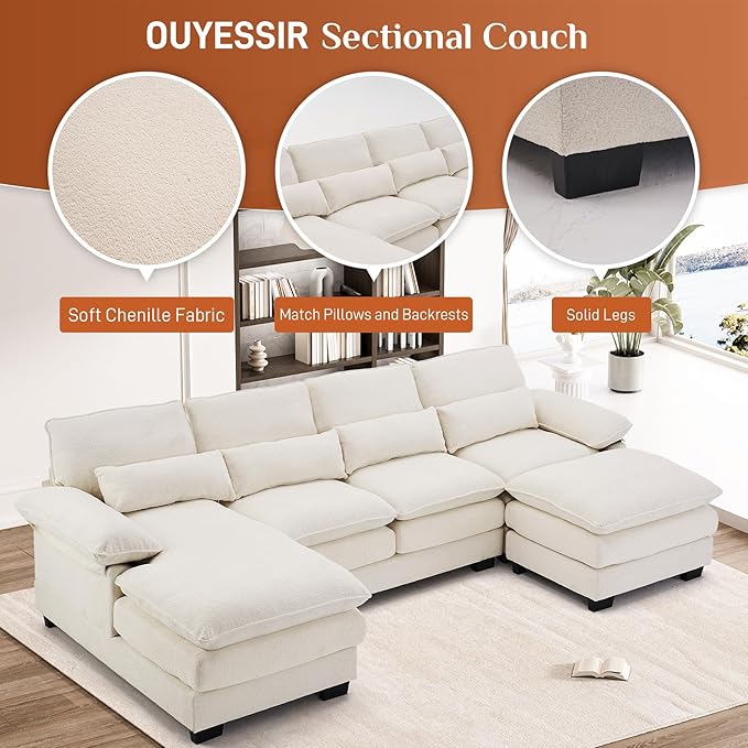 OUYESSIR 113 U Shape Sectional Cloud Couch with OttomanFluffy Sectional Couches for Living Room4 Seater Modular Sectionals SofaComfy Cloud Sofas &amp Couches with 4 PillowsBeige White