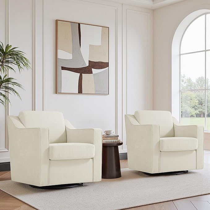 Swivel Accent Chair Modern Round Barrel Arm Chair for Living Room Bedroom Comfy Club Reading Chairs for Adults (Chenille Beige Set of 2)